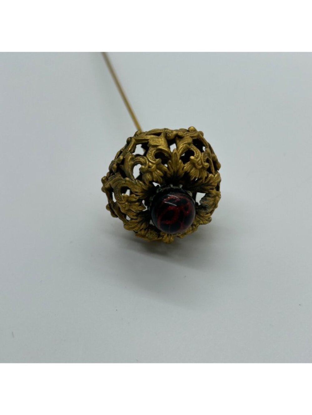 Antique Edwardian Hat Pin Gilded Brass Filigree Red Cabochon 1900s 9" READ - Picture 16 of 16